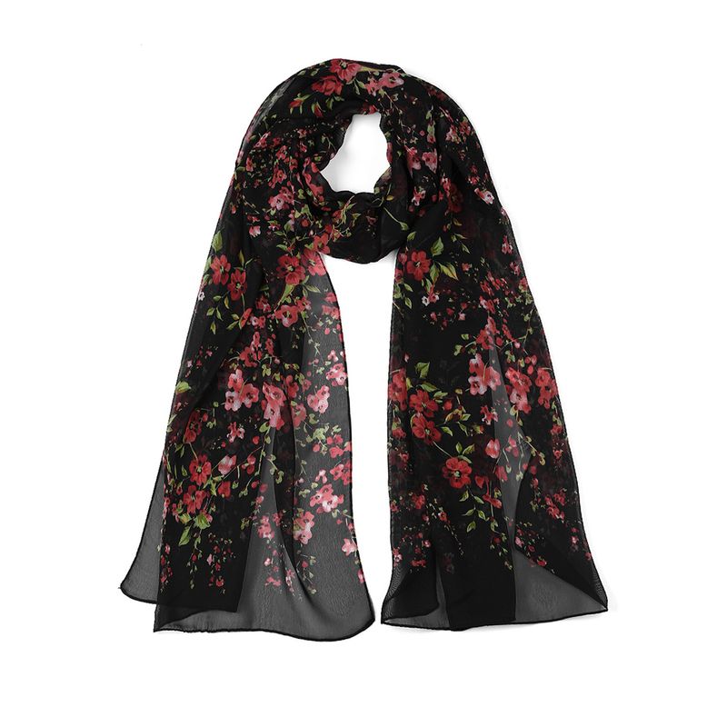 Long Chiffon Shawls Beach Scarf Silk Scarves Floral Print Scarves Black 63X20